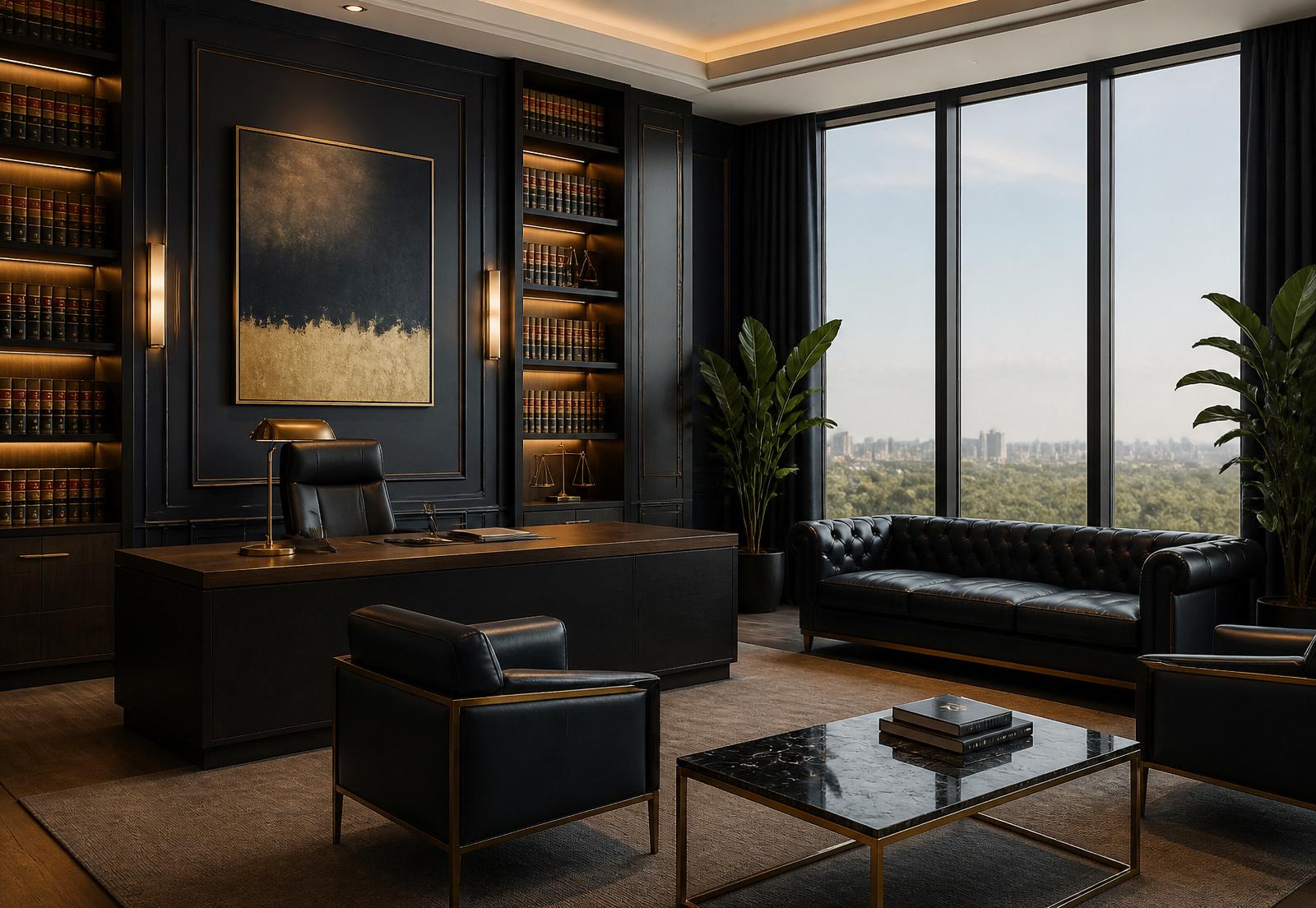 Modern law office interior with law library and city view